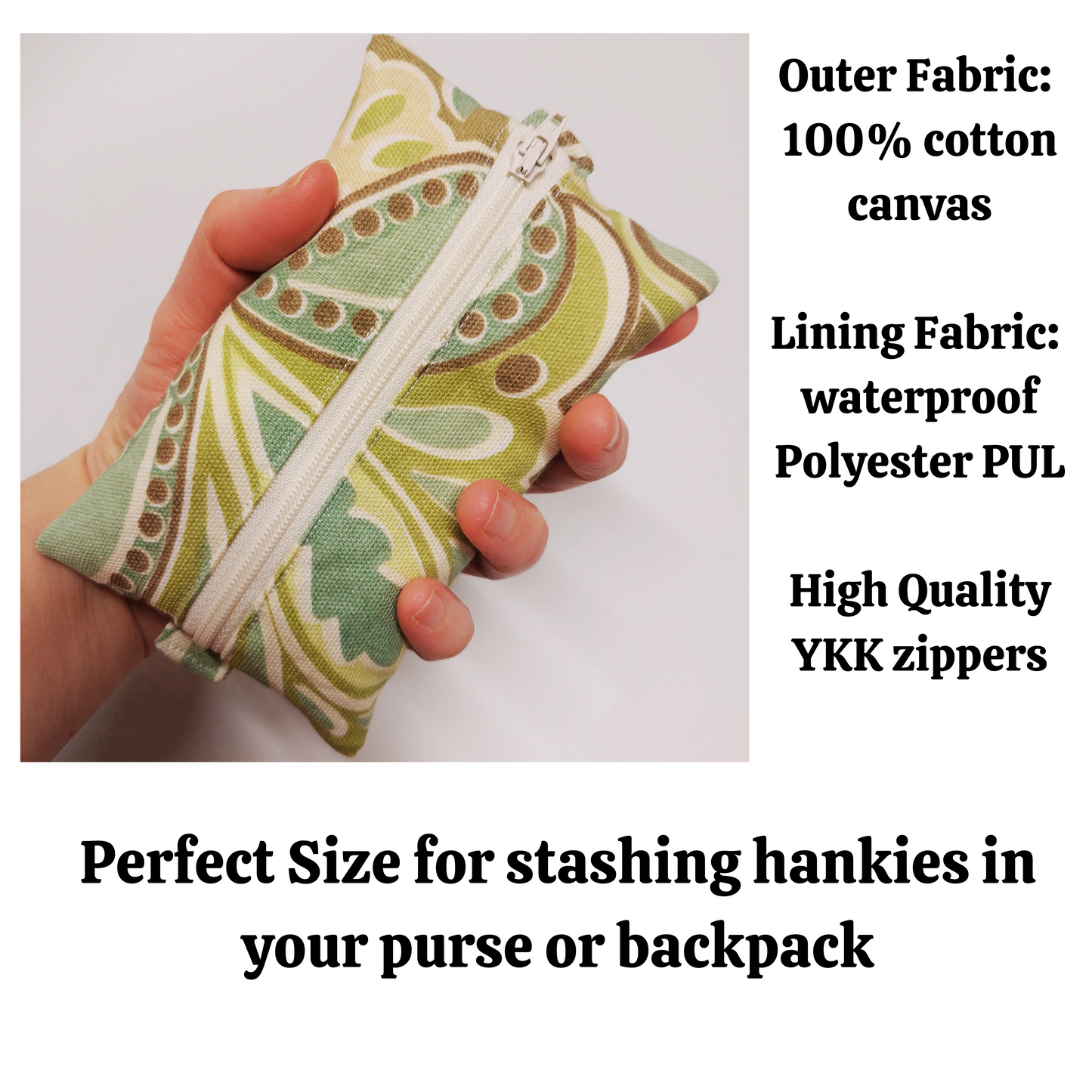 Travel Hanky Pouch, Green and brown swirl zipper pouch, Keep clean and dirty separate , Optional organic cotton or bamboo hankies, embroidery option