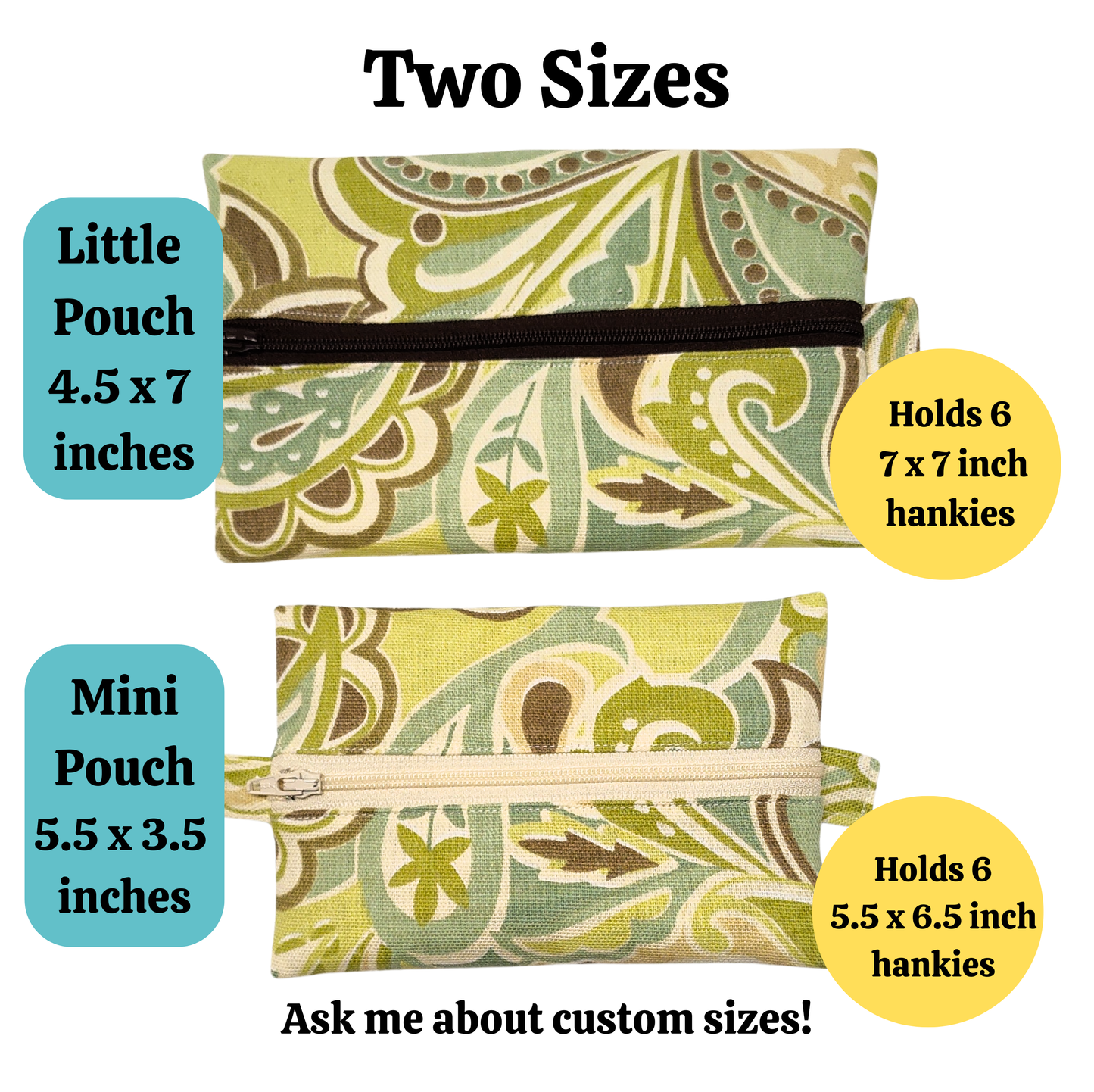Travel Hanky Pouch, Green and brown swirl zipper pouch, Keep clean and dirty separate , Optional organic cotton or bamboo hankies, embroidery option