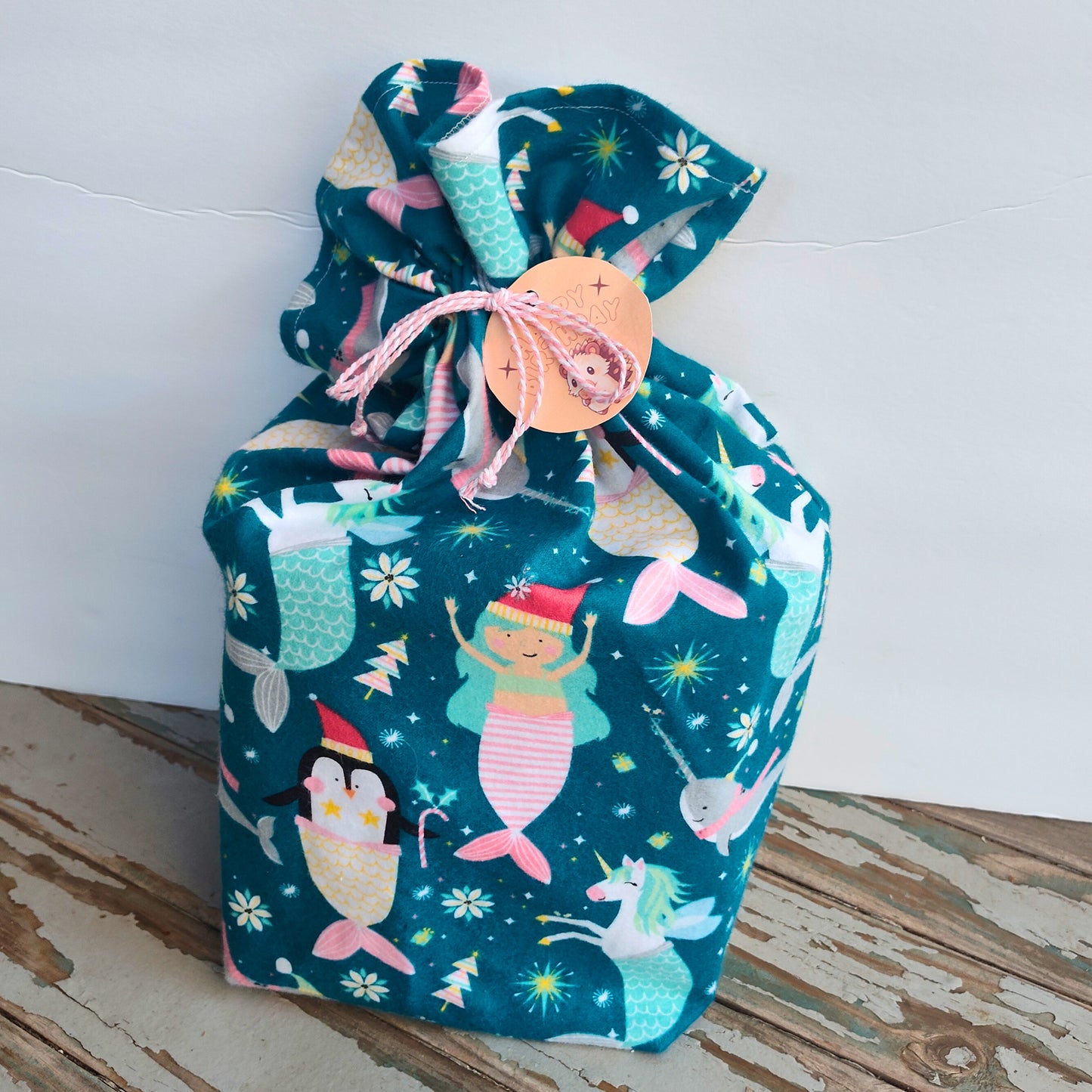 Cotton Gift Bag - Christmas Mermaids and Unicorns