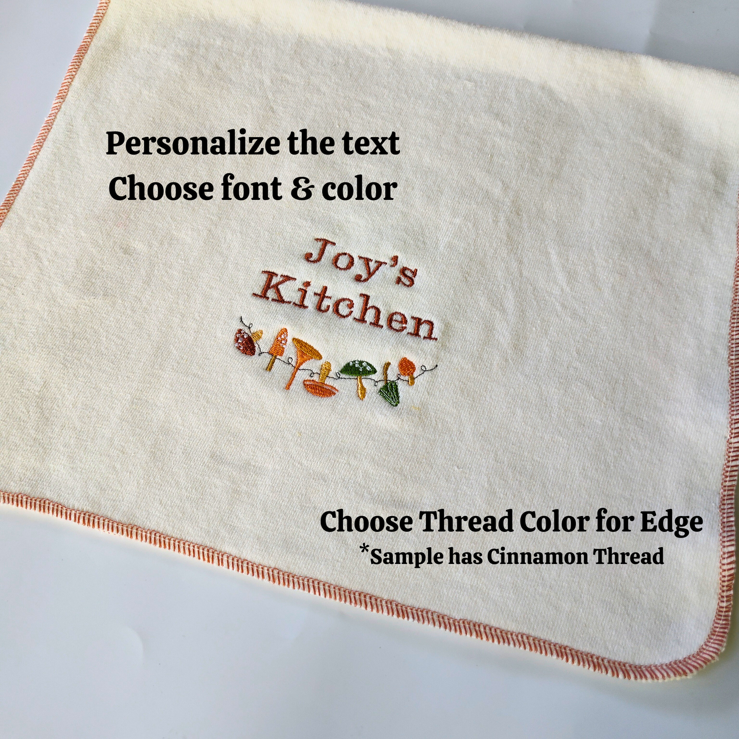 Quick-dry Hemp Dish Towel - Vintage Mushrooms - Personalized Embroidery - Organic Hemp Cotton - Super Absorbent - Tea Towel - 15x25 inches