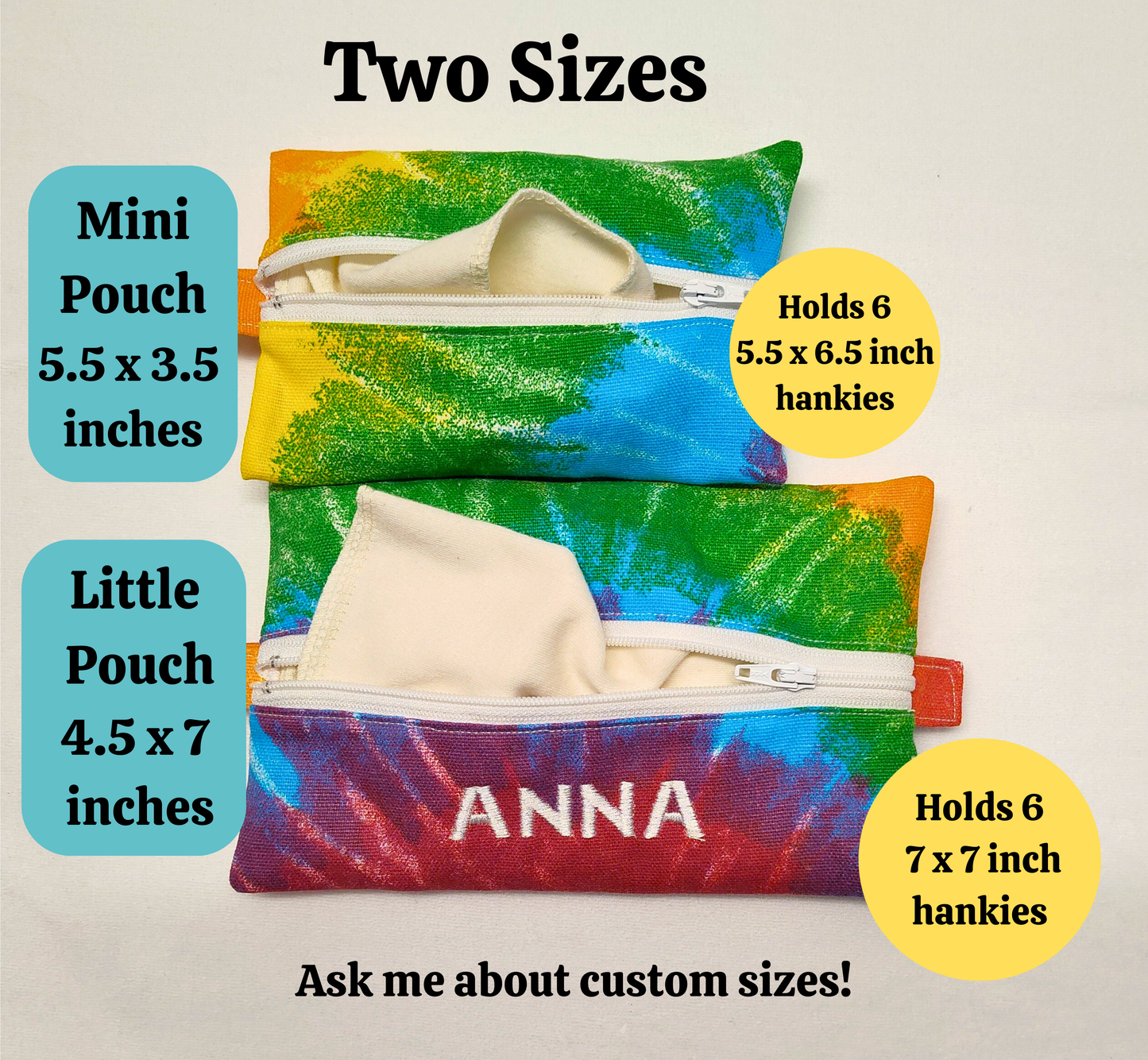 Travel Hanky Pouch, tie dye zipper pouch, Keep clean and dirty separate , Optional organic cotton or bamboo hankies, embroidery option
