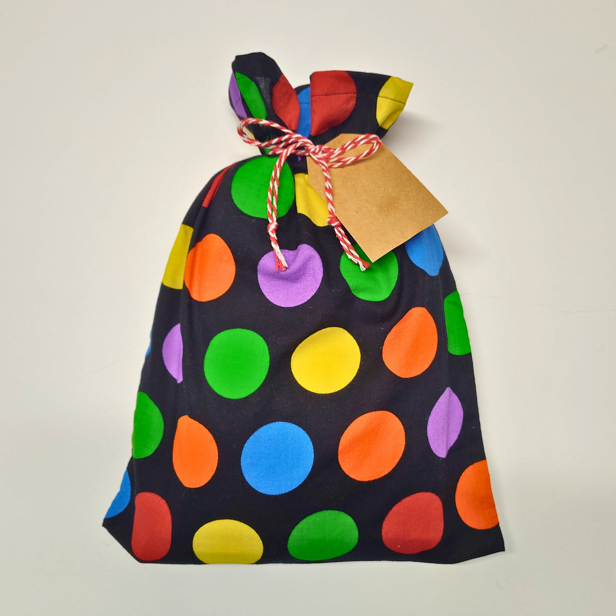 Cotton Gift Bag - Rainbow Dots on Black