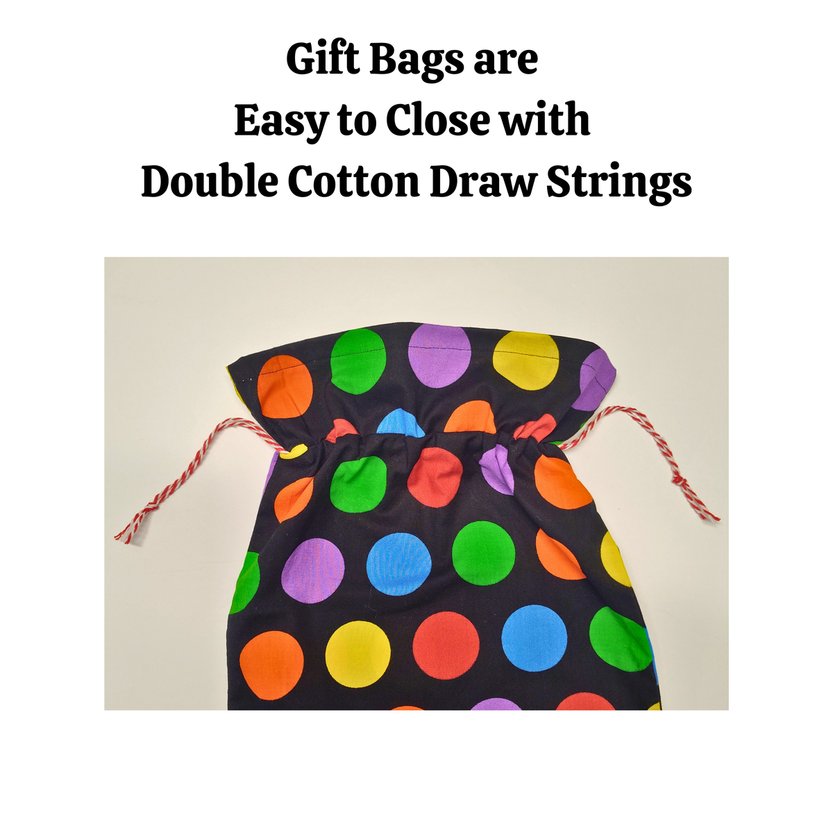 Cotton Gift Bag - Rainbow Dots on Black