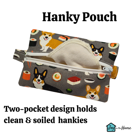 Travel Hanky Pouch, Corgis and sushi zipper pouch, Keep clean and dirty separate , Optional organic cotton or bamboo hankies, embroidery option