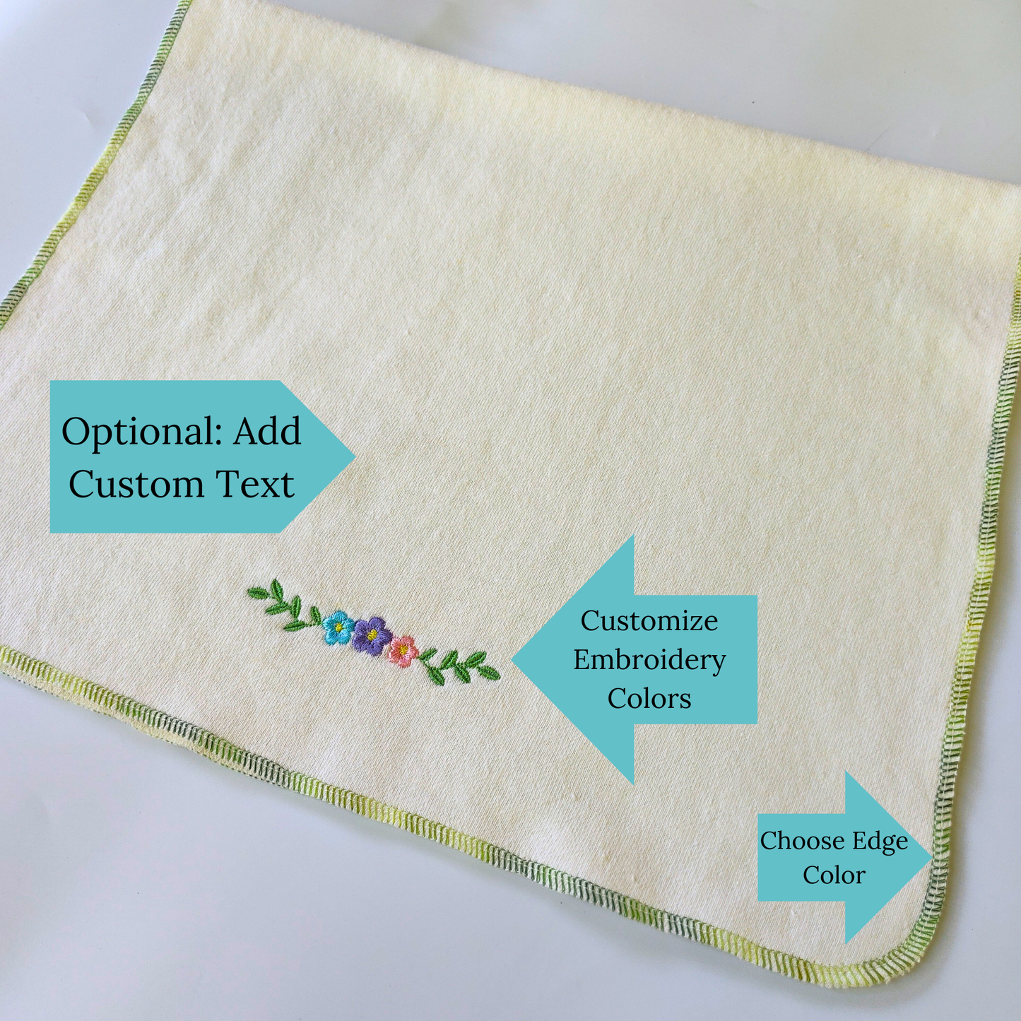 Quick-dry Hemp Dish Towel -Flowers - Personalized Embroidery - Organic Hemp Cotton - Super Absorbent - Tea Towel - 15x25 inches