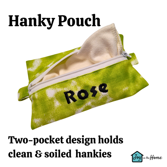 Travel Hanky Pouch, Lime green tie dye zipper pouch, Keep clean and dirty separate , Optional organic cotton or bamboo hankies, embroidery option