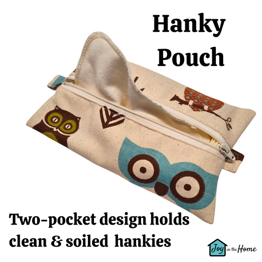 Travel Hanky Pouch, Owl zipper pouch, Keep clean and dirty separate , Optional organic cotton or bamboo hankies, embroidery option