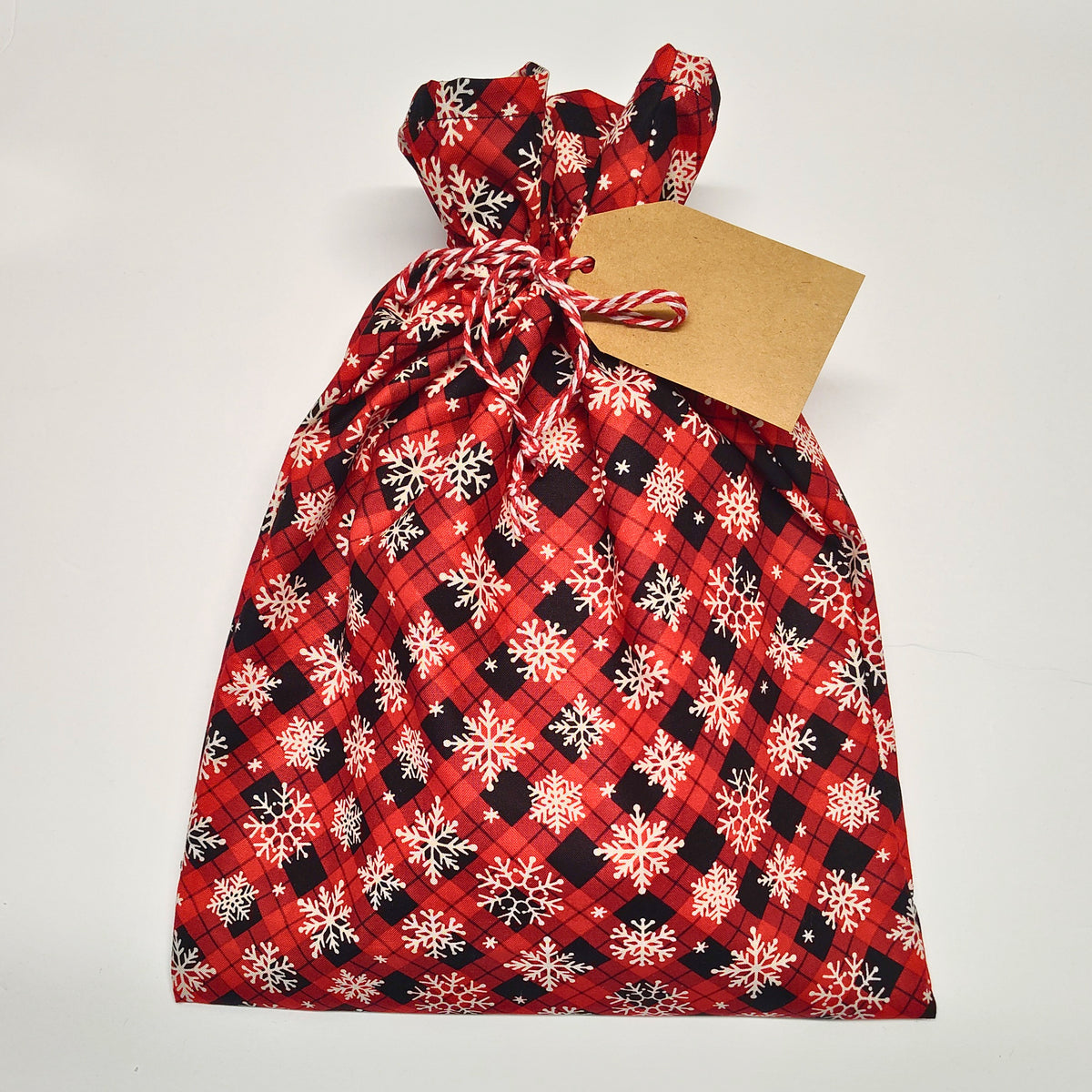Cotton Gift Bag - Red Plaid Snowflakes