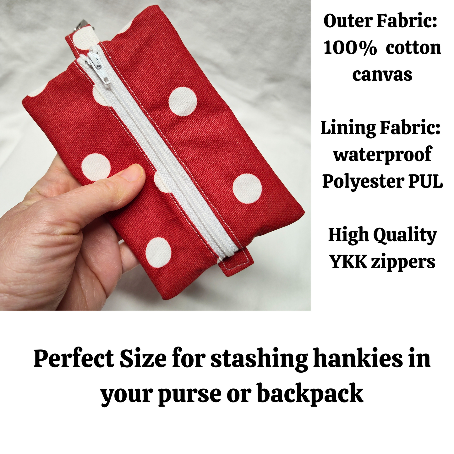 Travel Hanky Pouch, Red polka dot zipper pouch, Keep clean and dirty separate , Optional organic cotton or bamboo hankies, embroidery option