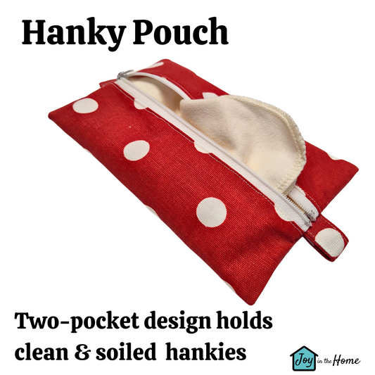 Travel Hanky Pouch, Red polka dot zipper pouch, Keep clean and dirty separate , Optional organic cotton or bamboo hankies, embroidery option
