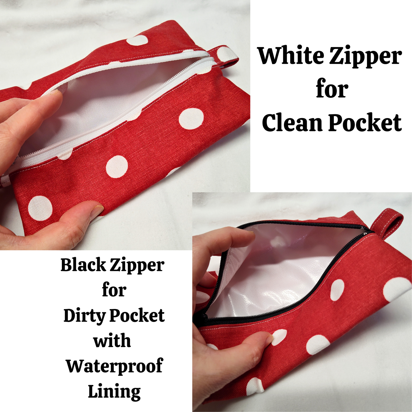 Travel Hanky Pouch, Red polka dot zipper pouch, Keep clean and dirty separate , Optional organic cotton or bamboo hankies, embroidery option