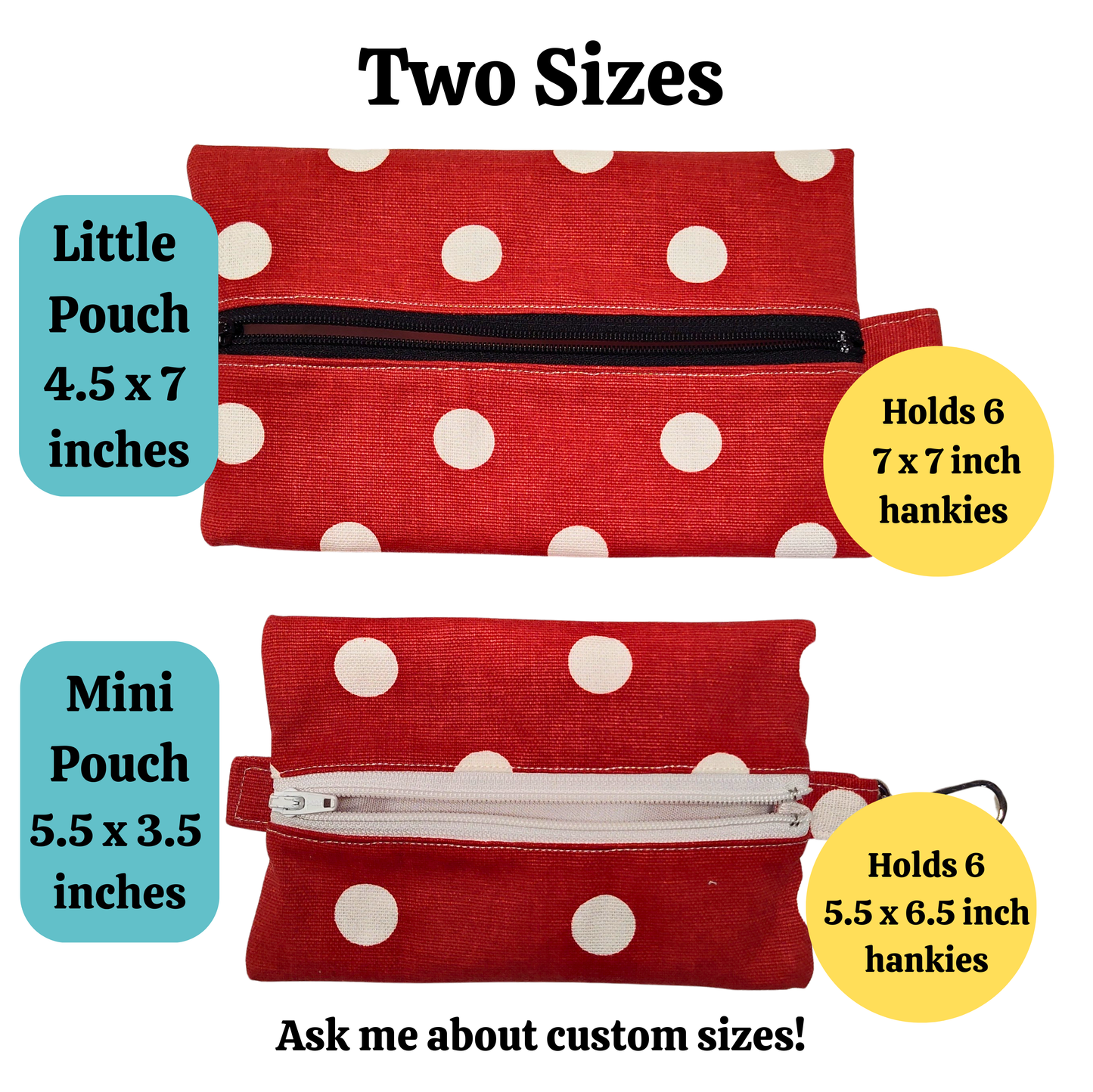 Travel Hanky Pouch, Red polka dot zipper pouch, Keep clean and dirty separate , Optional organic cotton or bamboo hankies, embroidery option