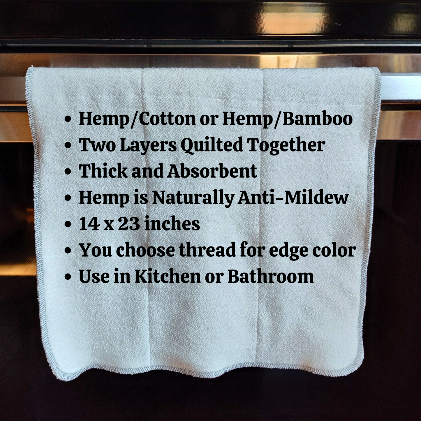 Hemp Dish Towel - Hand Towel - anti-mildew - hemp/cotton or hemp/bamboo - Super thick absorbent - 14x23 inches - Two layers quilted together