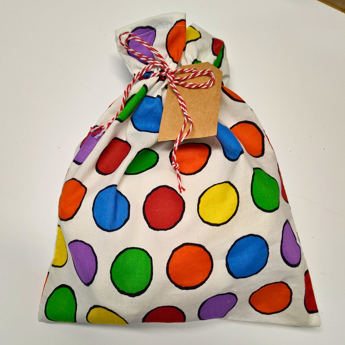 Cotton Gift Bag - Rainbow Dots on White