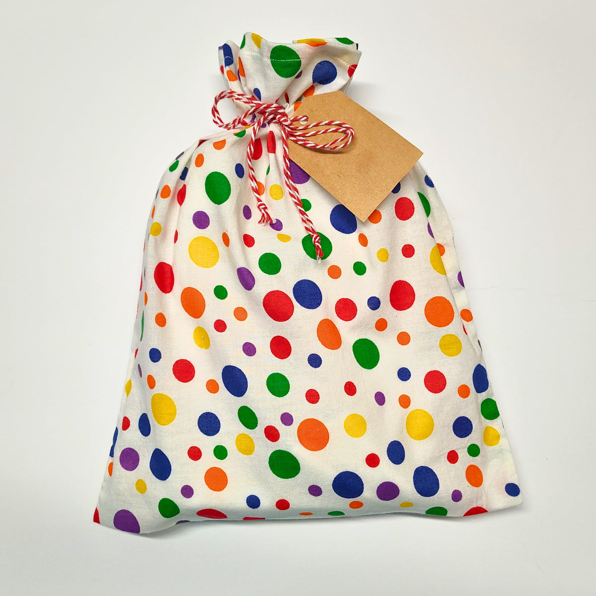 Cotton Gift Bag - Small Rainbow Dots on White